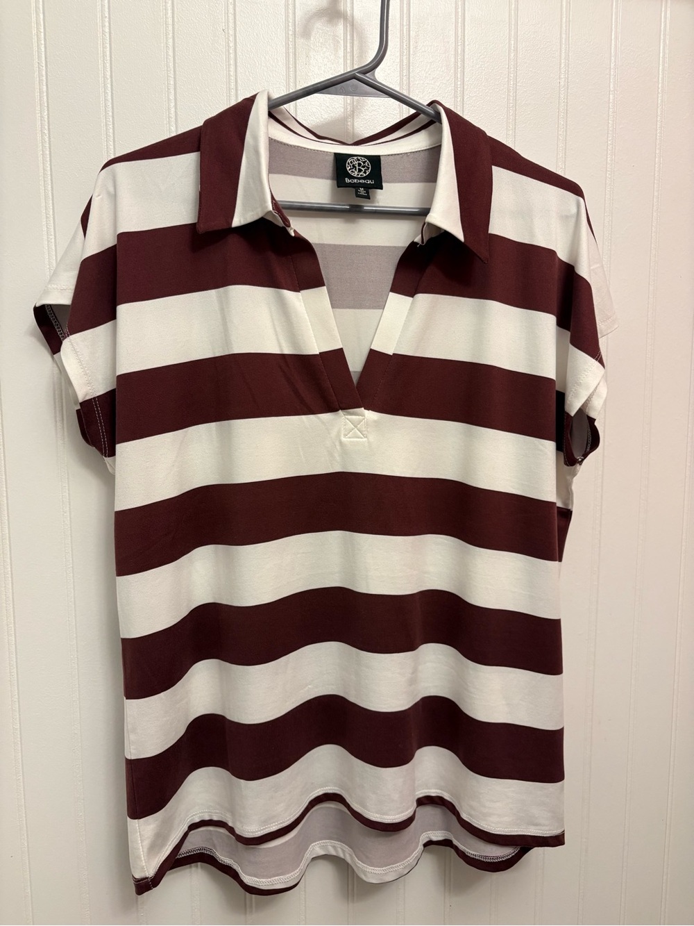 bobeau Burgundy and White Striped Polo Tee